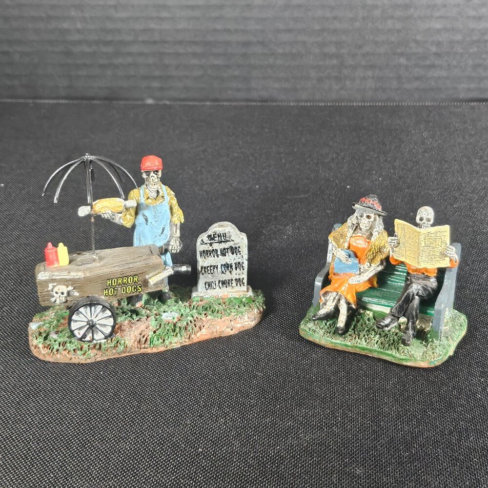 Lemax Spooky Town Google Hot Dog Vendor & Really Late Train Figurines Set Of 2